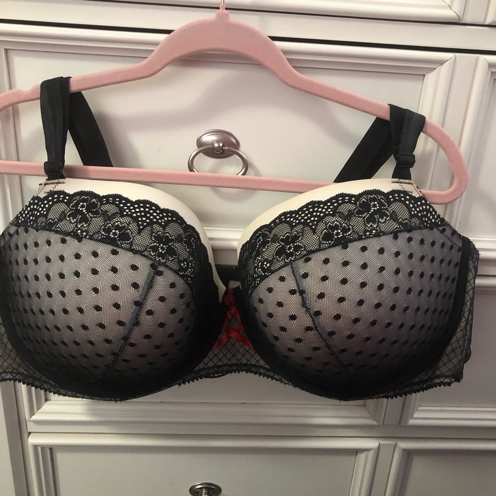 Vintage Torrid Super Sexy Bra White w/ Sheer Black Lace & Red Lace Up 48DD